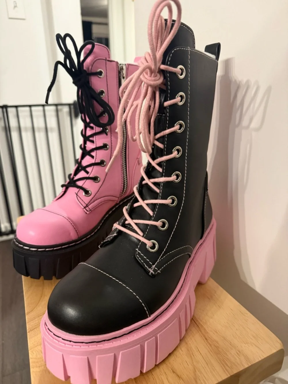 Current Mood Two-Tone Platform Lace-Up Boots in Pink and Black - Picture 2 of 3